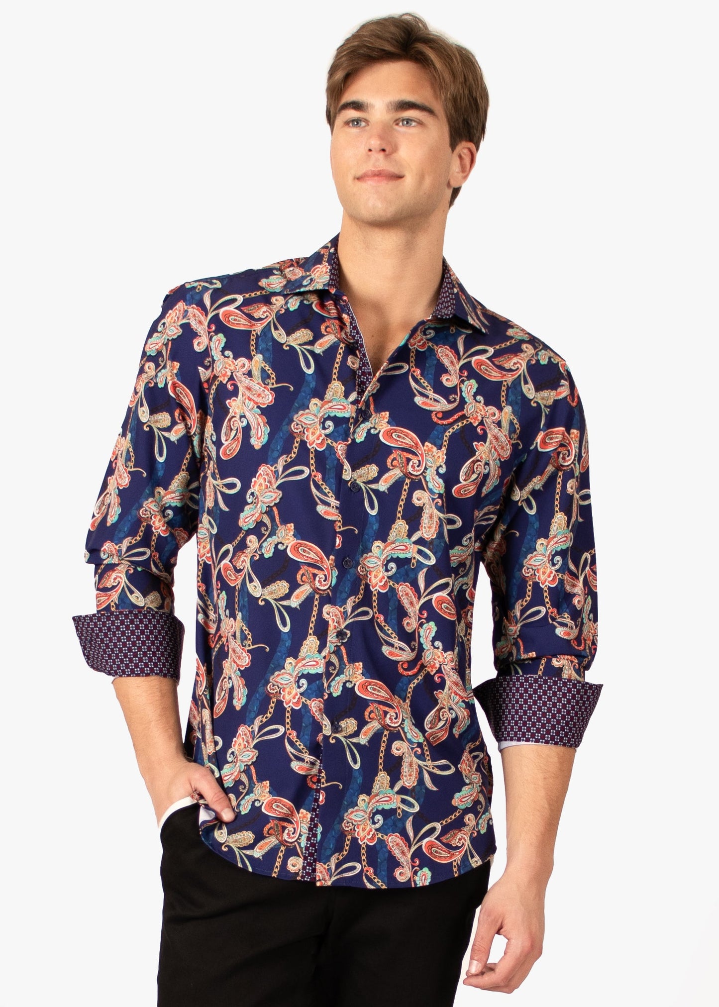 Bespoke Moda long sleeve button up dress shirt. Paisley garden navy