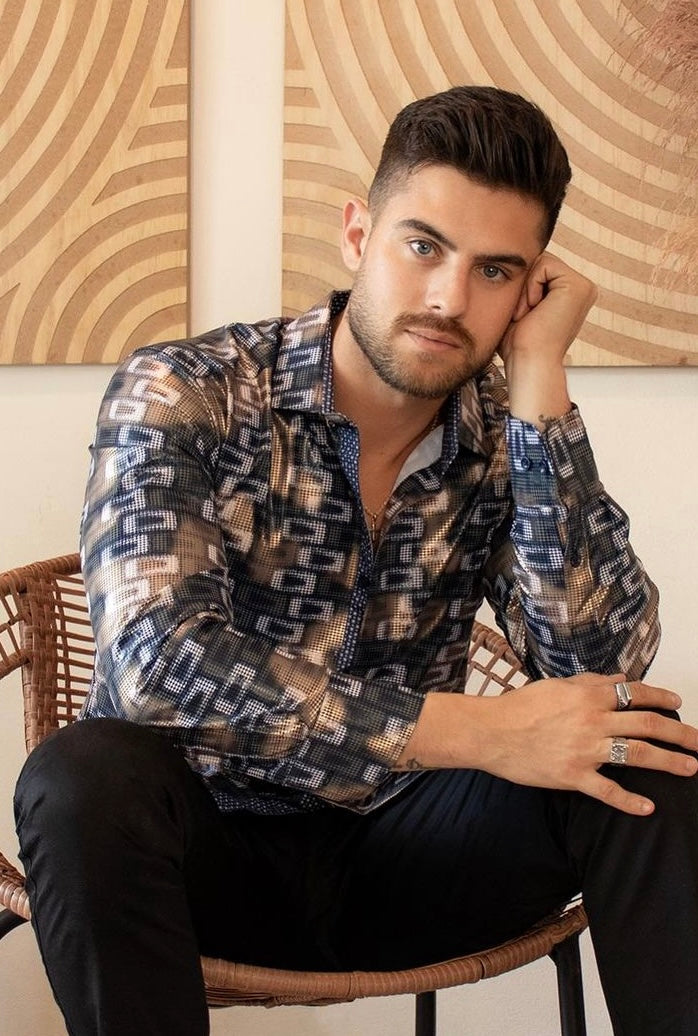 Bespoke Moda long sleeve button up dress shirt. Navy geo shine