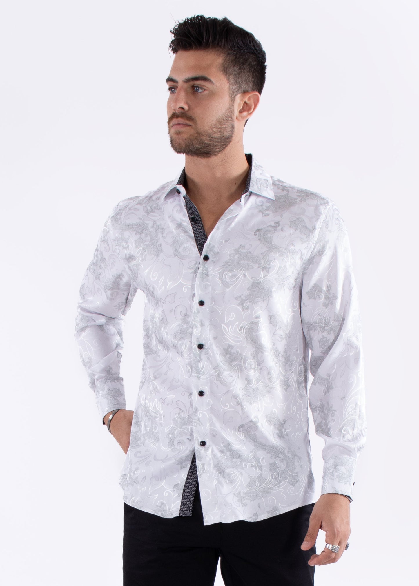 Bespoke Moda long sleeve button up dress shirt. White shiny paisley smudge