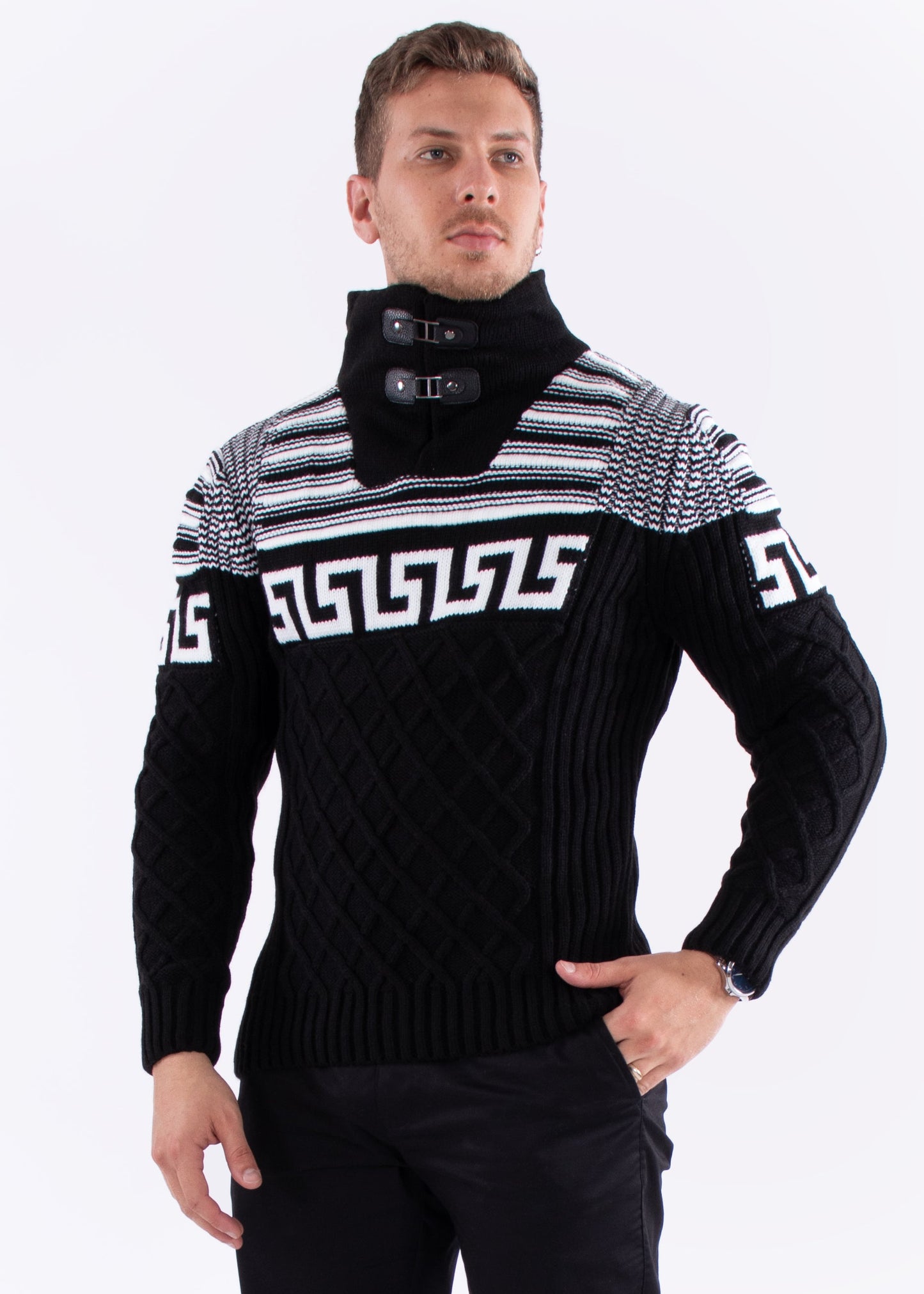 Bespoke zip collar cable knit greek key pullover slim fit sweater