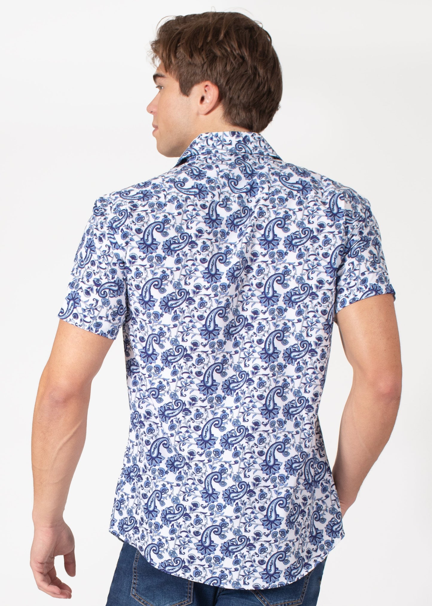 Bespoke short sleeve dress shirt. Blue paisley