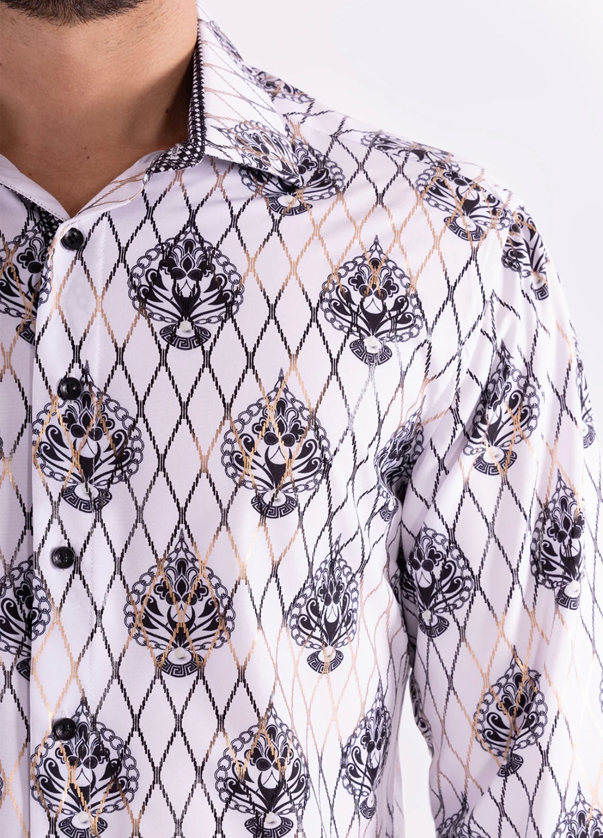 Bespoke Moda long sleeve button up dress shirt. White diagonal lines fleur