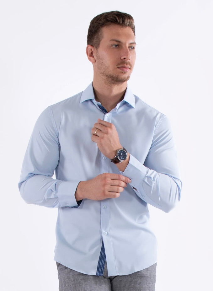 Bespoke Performance stretch fit long sleeve button up dress shirt. Sky blue