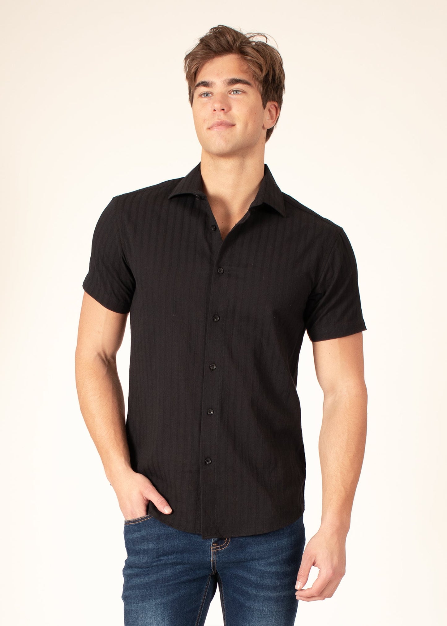 Bespoke short sleeve dress shirt. Soft stripes Black