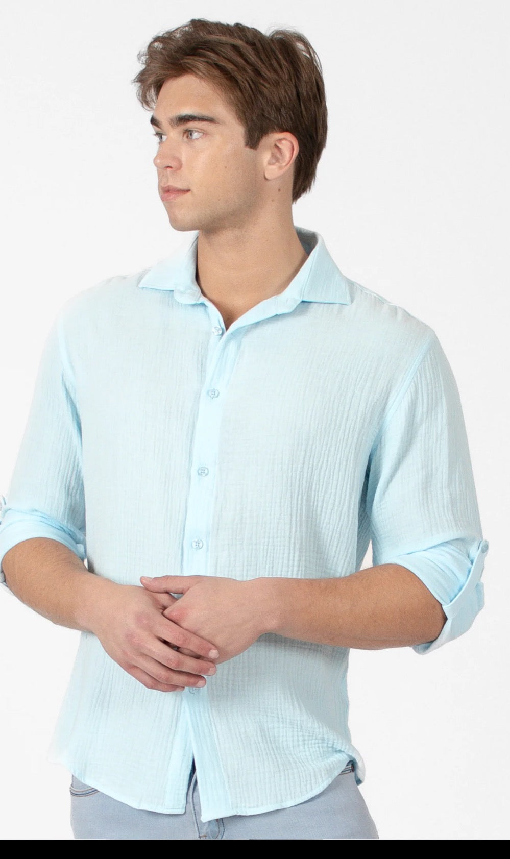 Bespoke textured cotton long sleeve button up dress shirt. Aqua