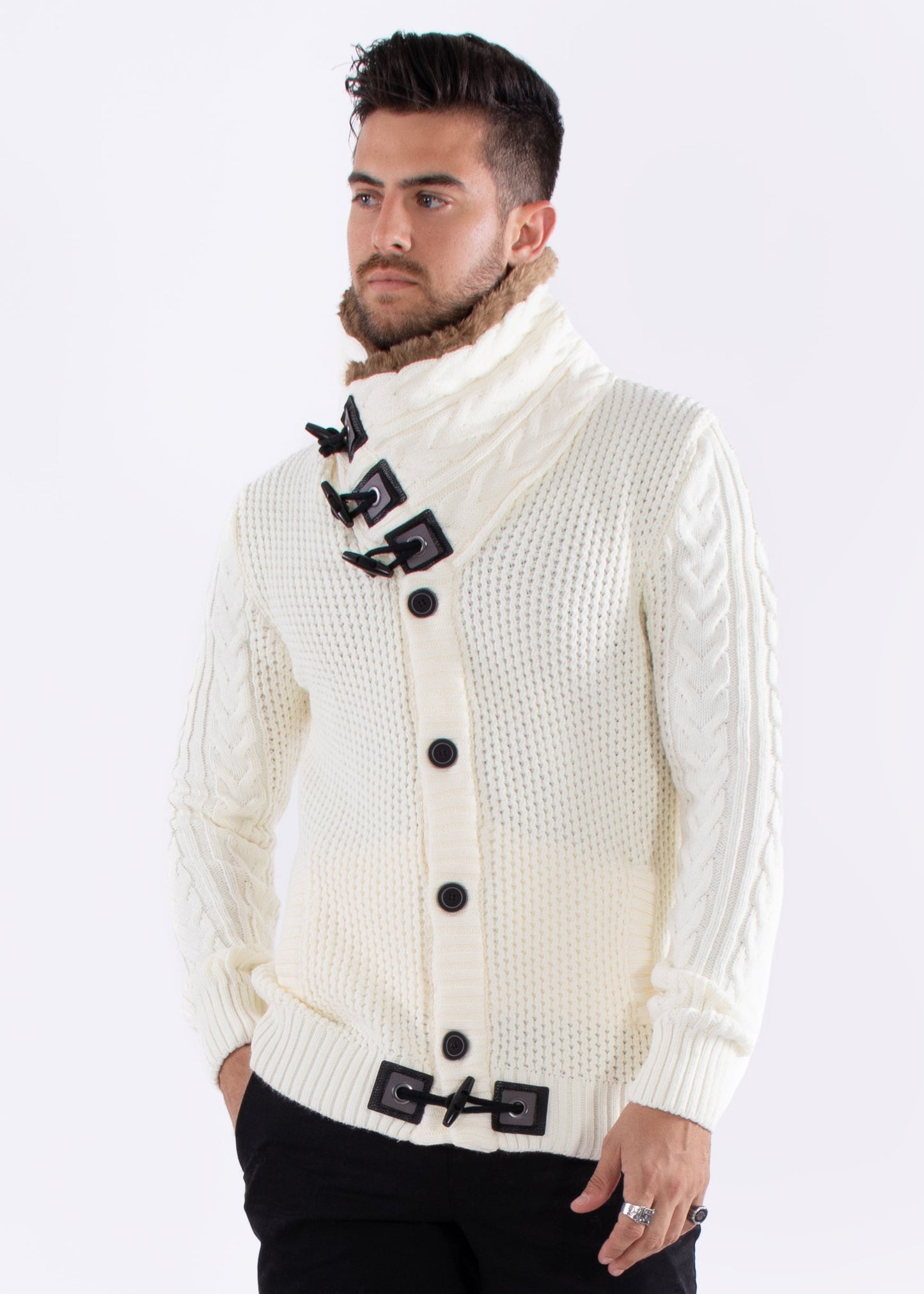 Bespoke Faux fur-lined collar button up slim fit sweater