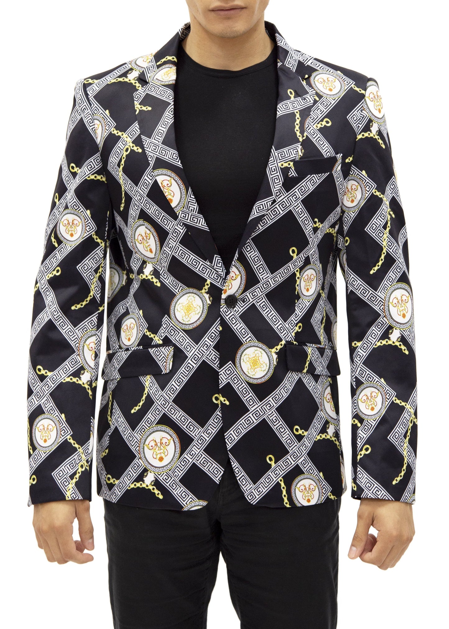 Bespoke Moda Greek Key Imperial Print Blazer Black