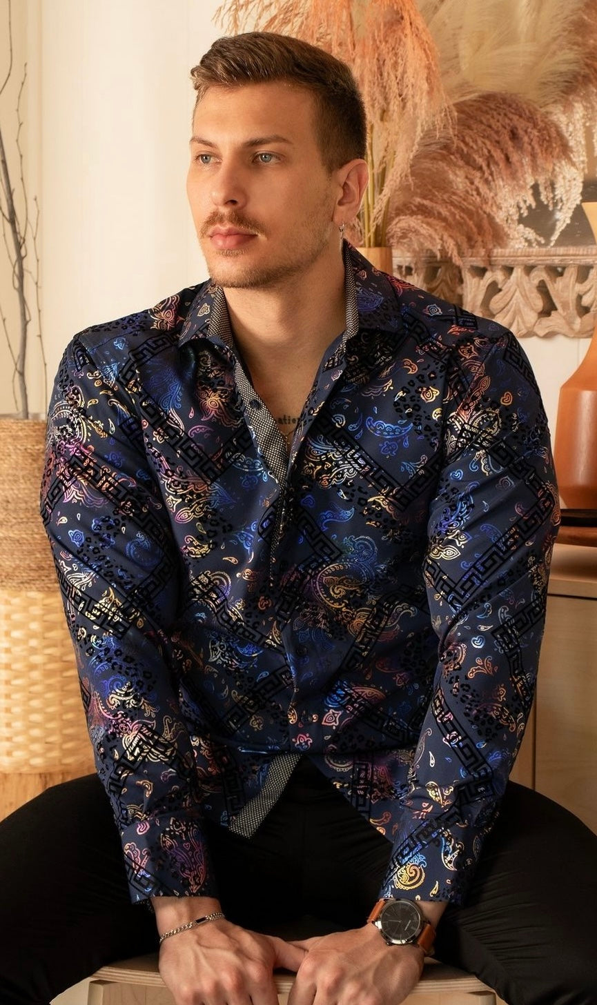 Bespoke Velvet Greek key long sleeve button up shirt