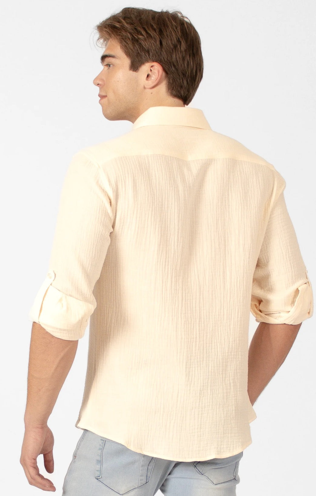 Bespoke textured cotton long sleeve button up dress shirt. Beige
