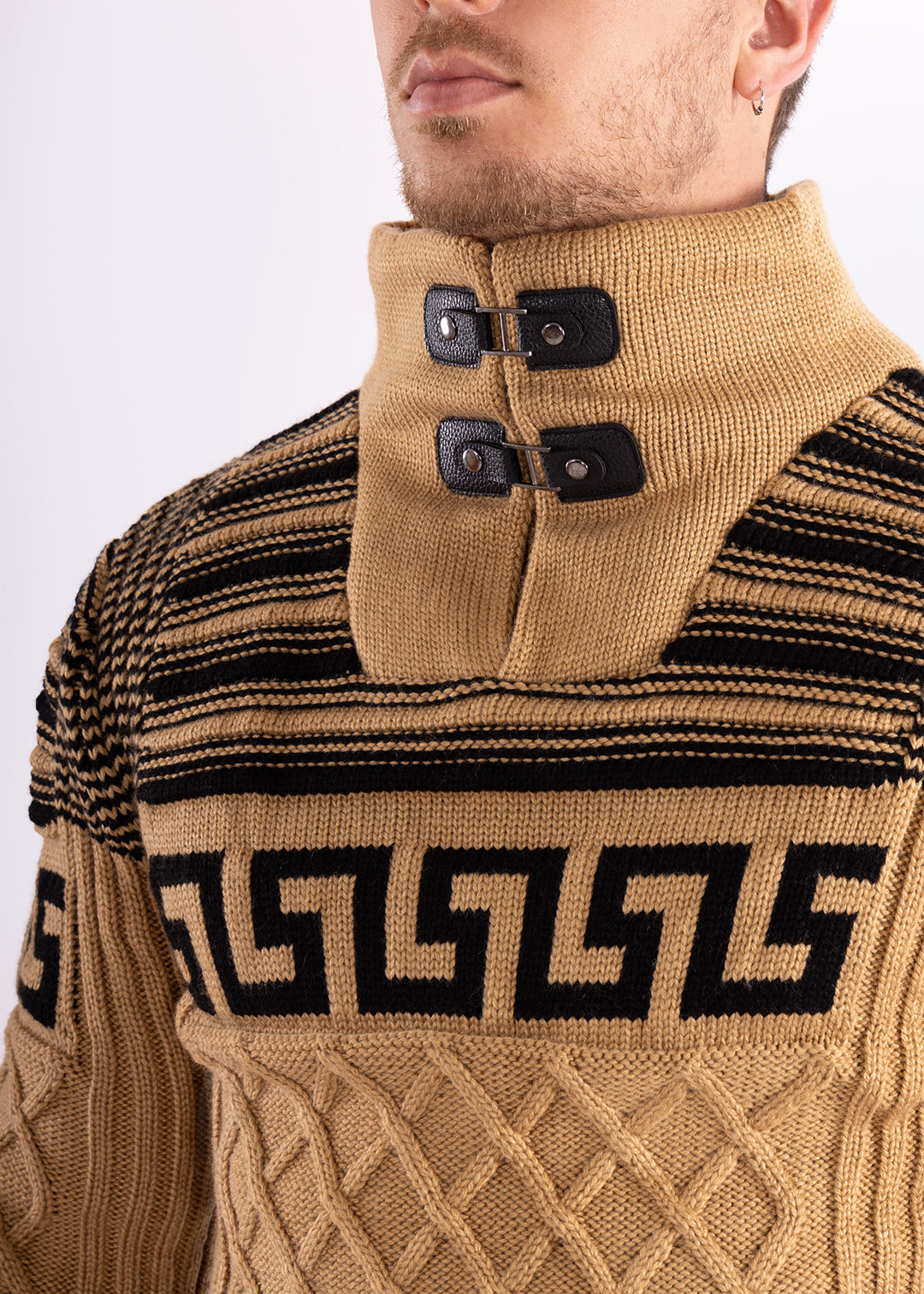 Bespoke zip collar cable knit greek key pullover slim fit sweater