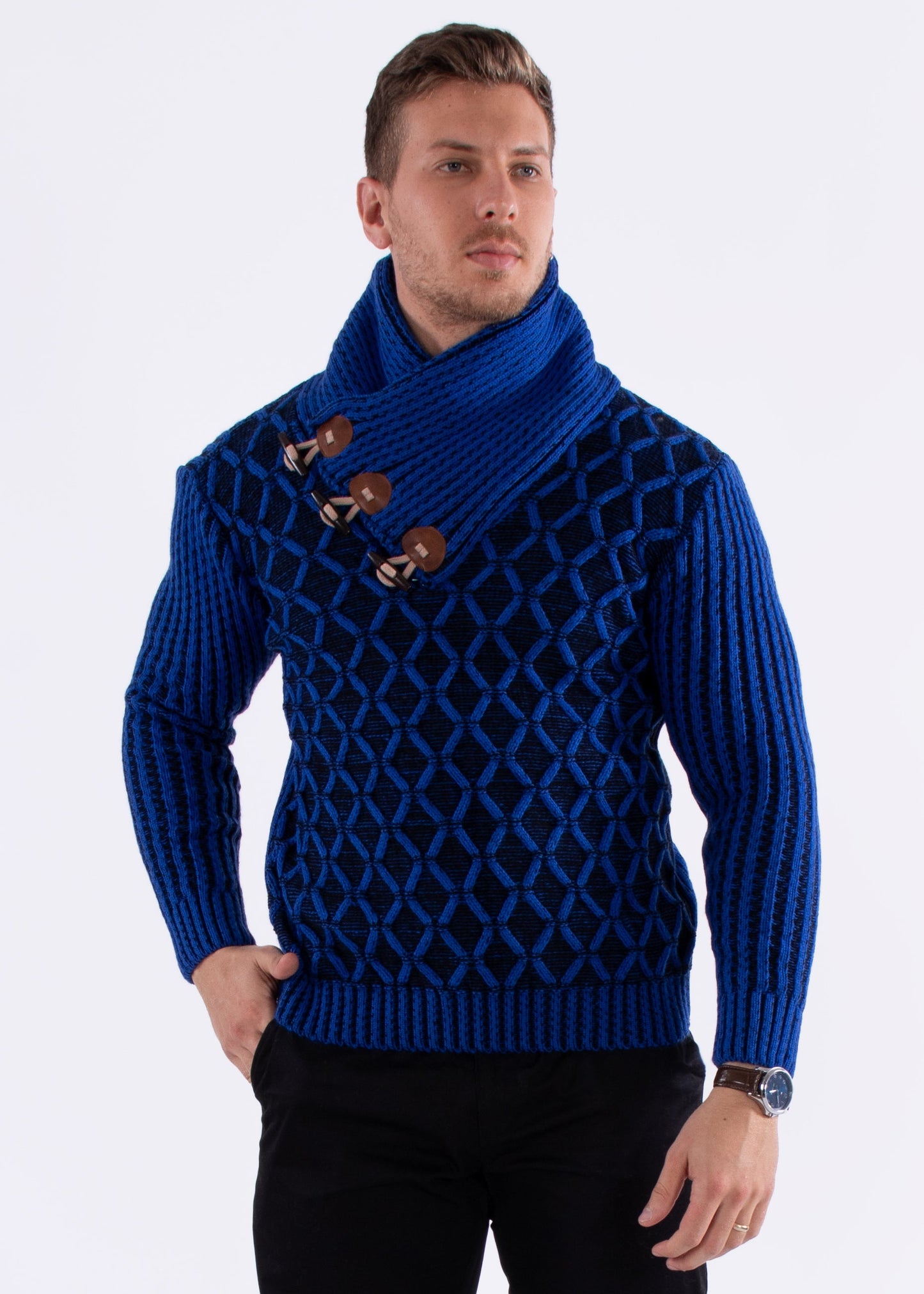 Bespoke Ribbed slim fit high-neck pullover sweater - Blue