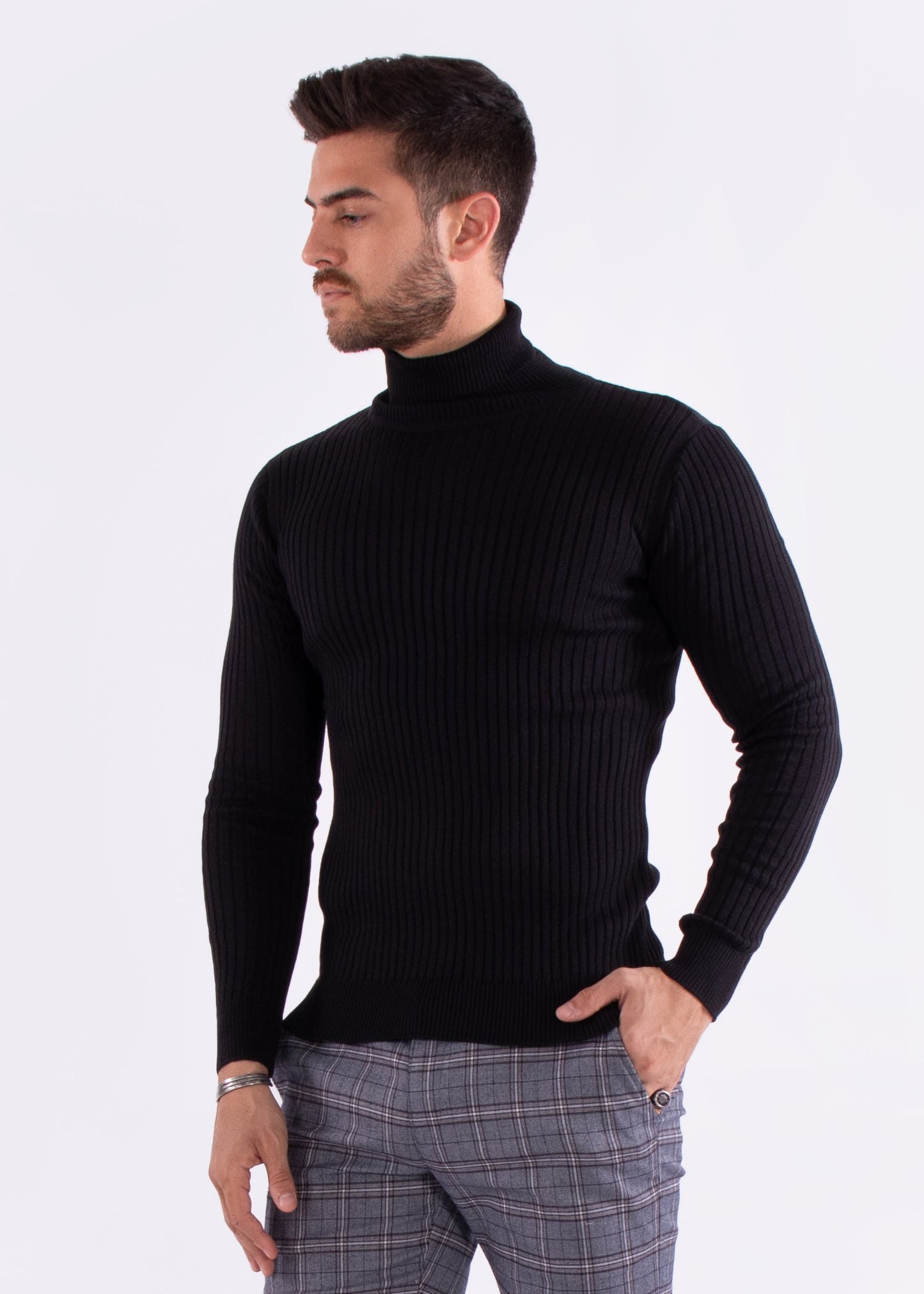 Bespoke turtleneck ribbed European slim fit sweater - Black