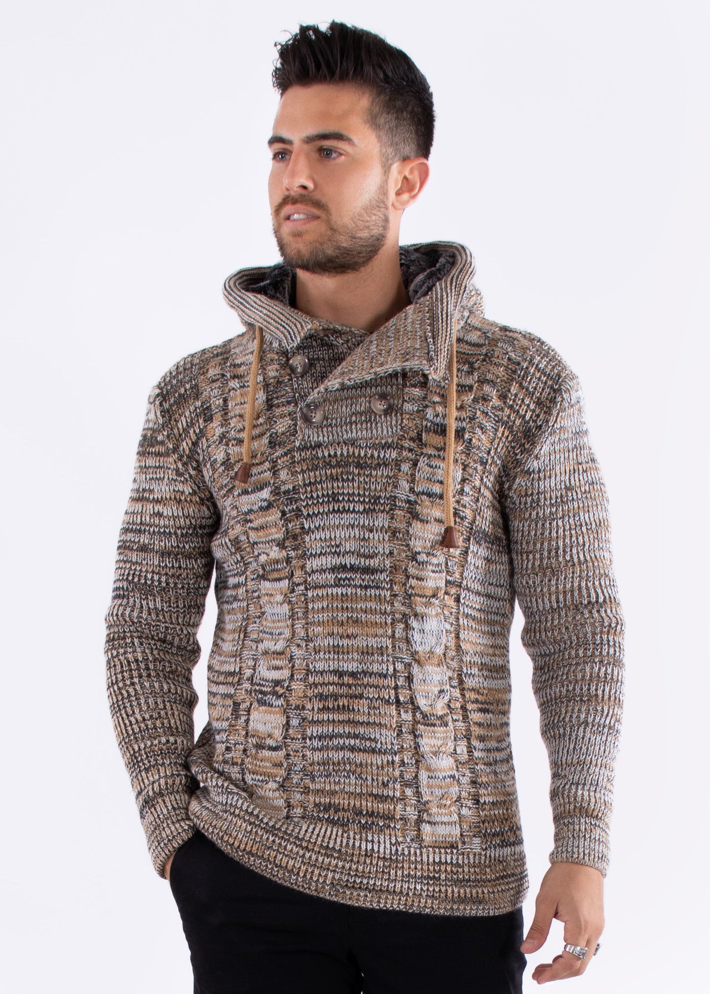 Bespoke Ribbed knit faux fur hooded pullover slim fit sweater - Beige