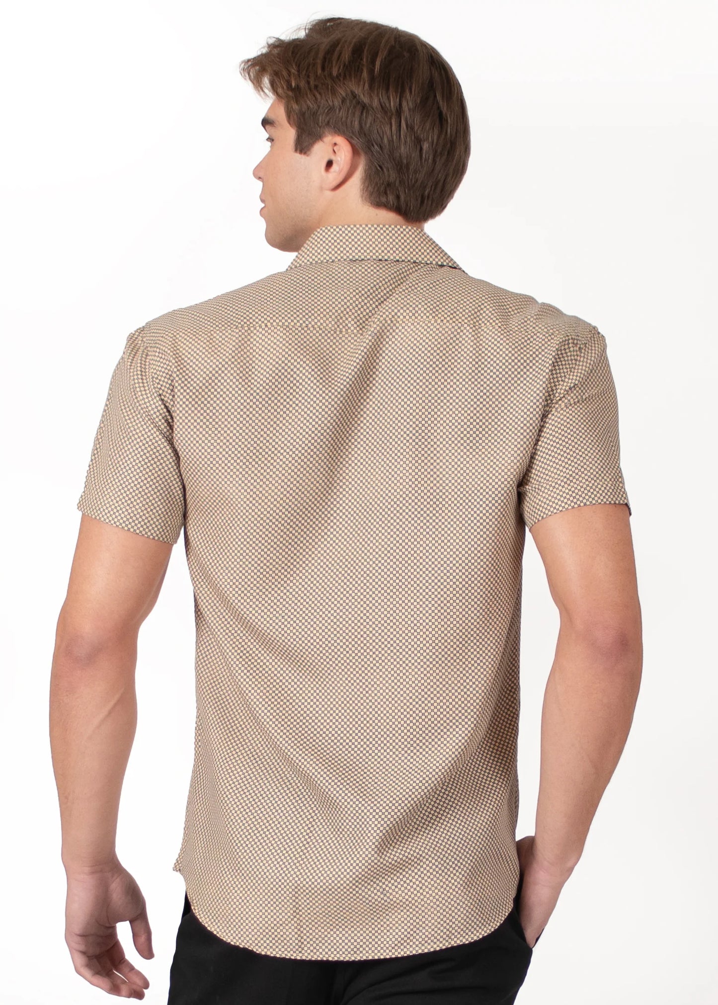 Bespoke bc collection button up dress shirt. Dot dash beige