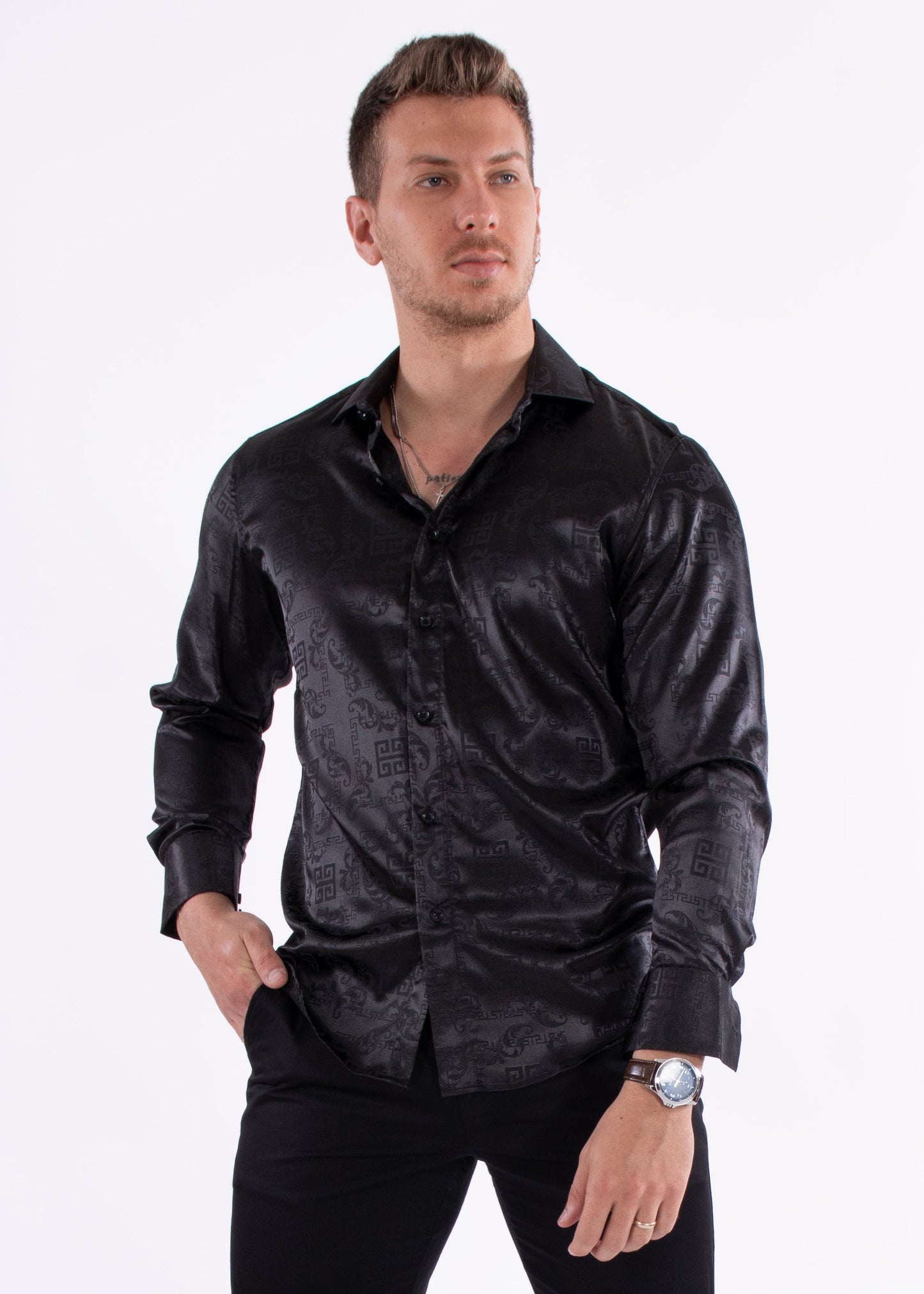 Bespoke Moda long sleeve button up dress shirt. Greek key black shine