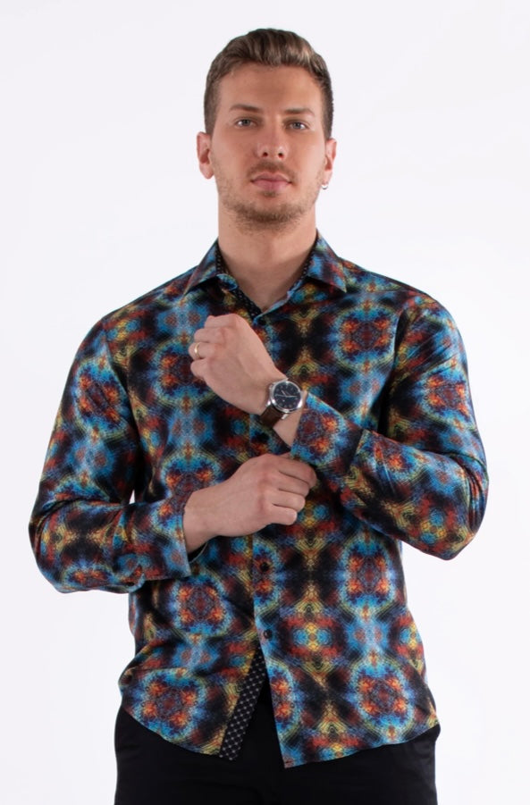 Bespoke Moda long sleeve button up dress shirt. Decades Kaleidoscope