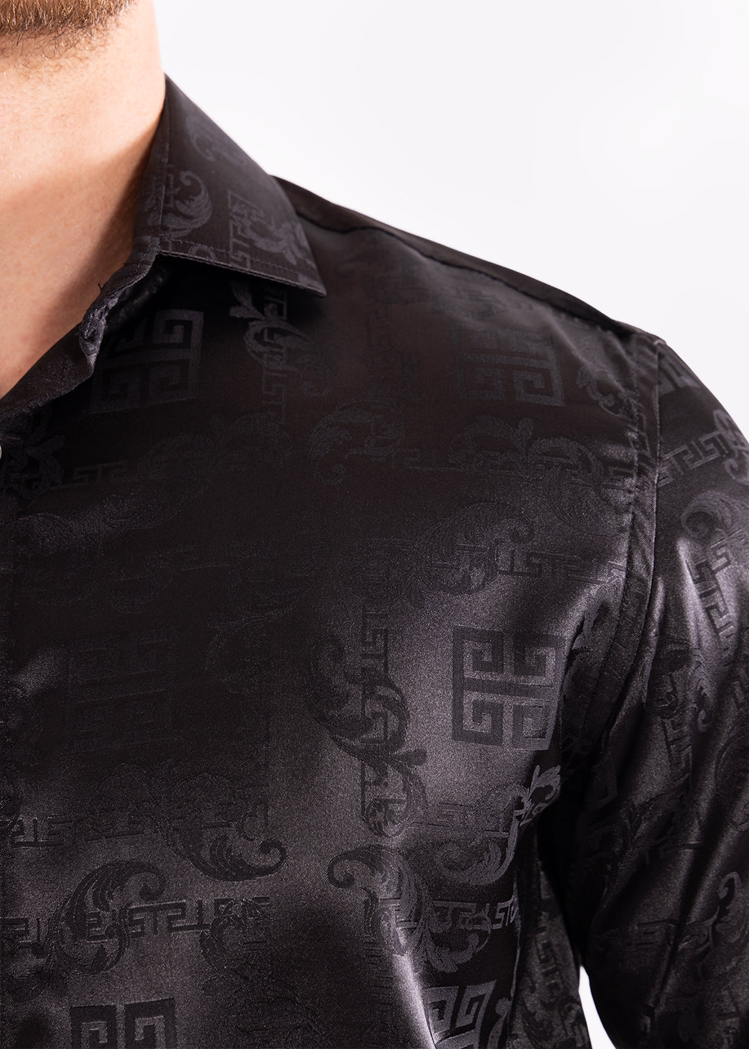 Bespoke Moda long sleeve button up dress shirt. Greek key black shine