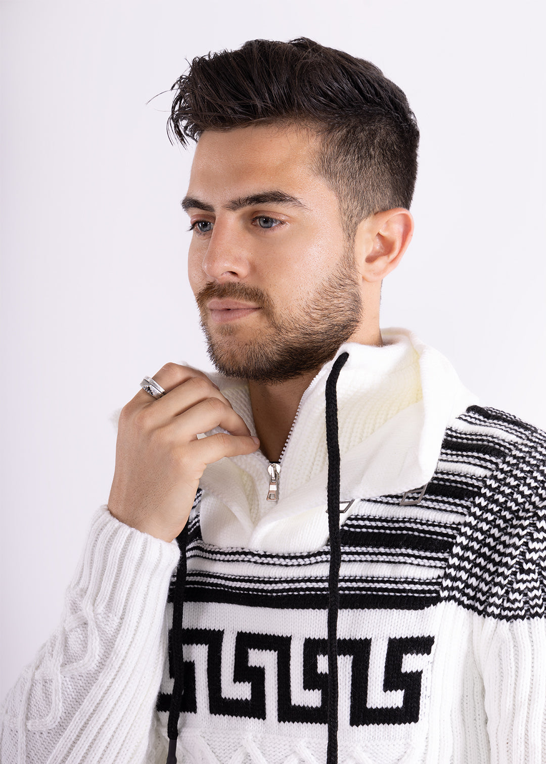 Bespoke zip collar cable knit greek key pullover slim fit sweater