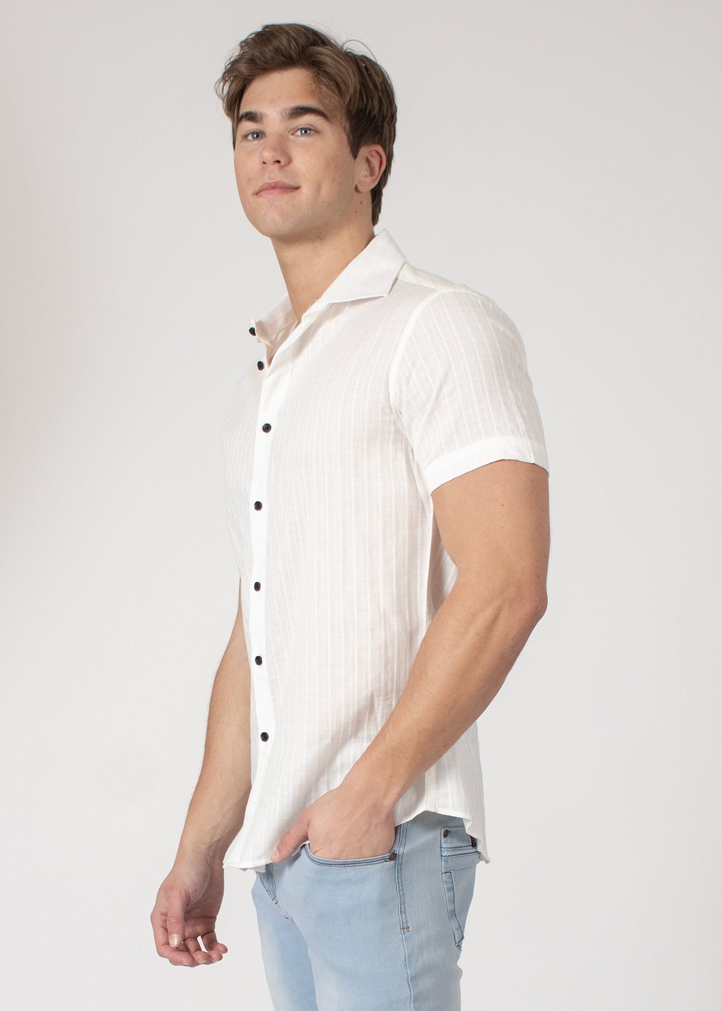 Bespoke short sleeve dress shirt. Soft stripes White