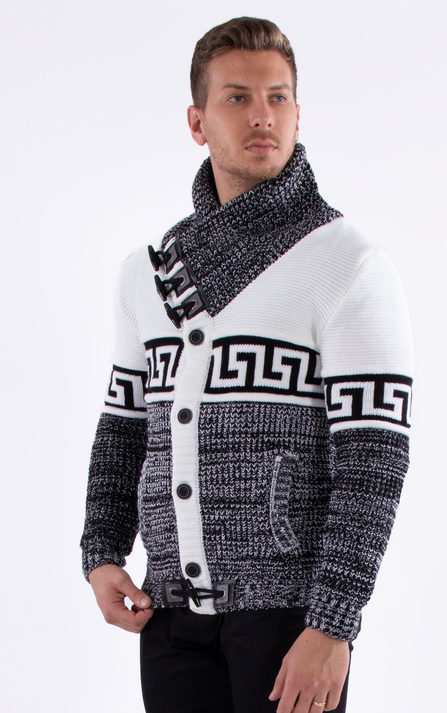 Bespoke greek key button up slim fit sweater - White