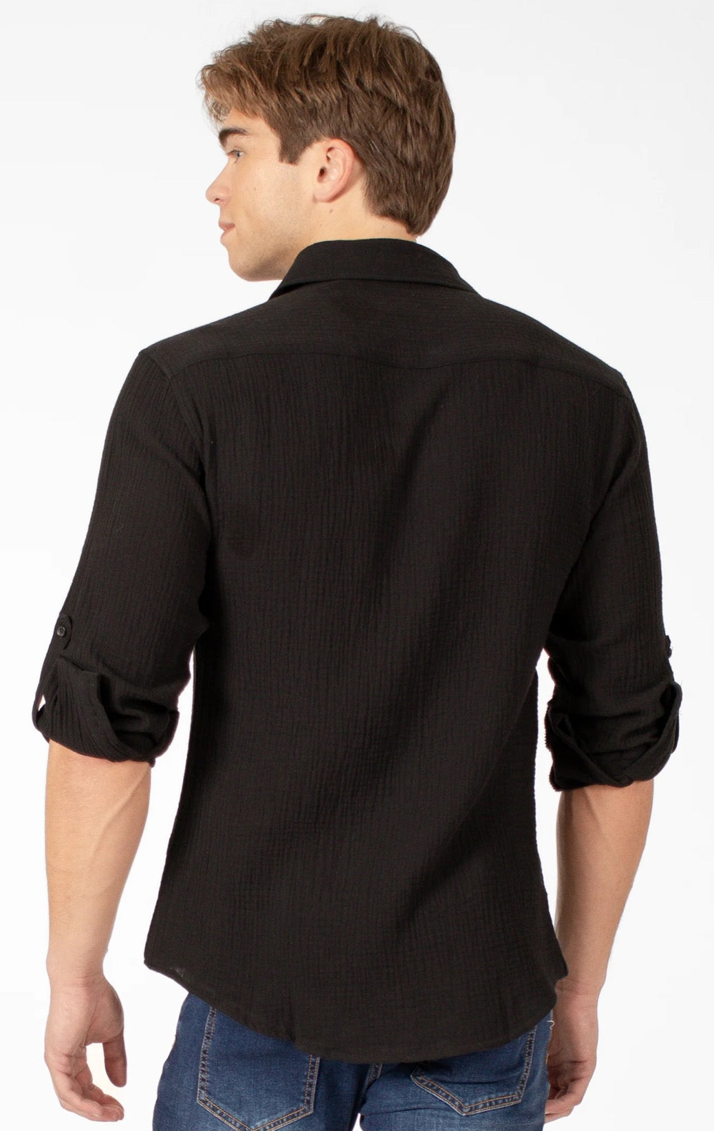 Bespoke textured cotton long sleeve button up dress shirt. Black