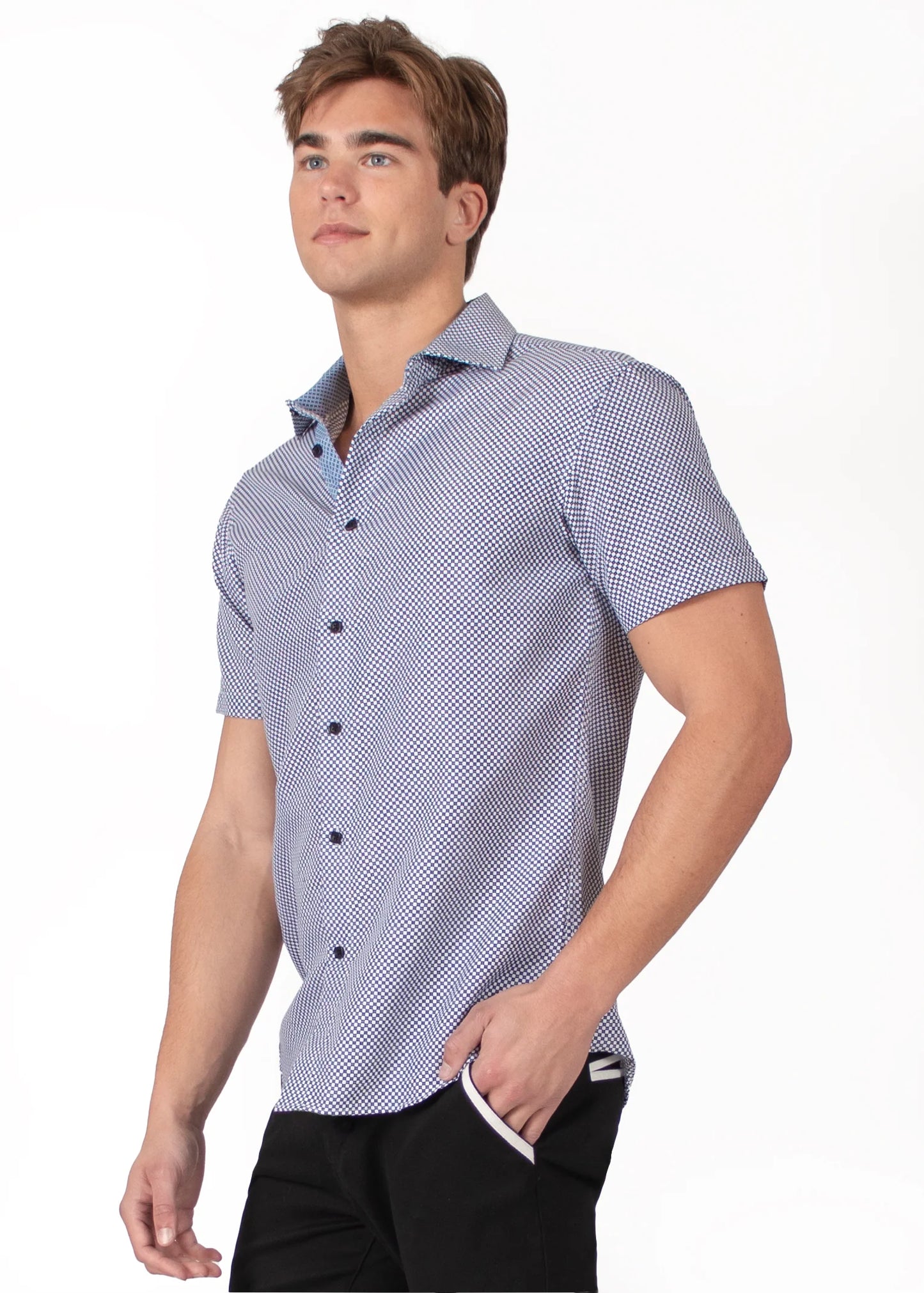 Bespoke bc collection button up dress shirt. Dot dash blue