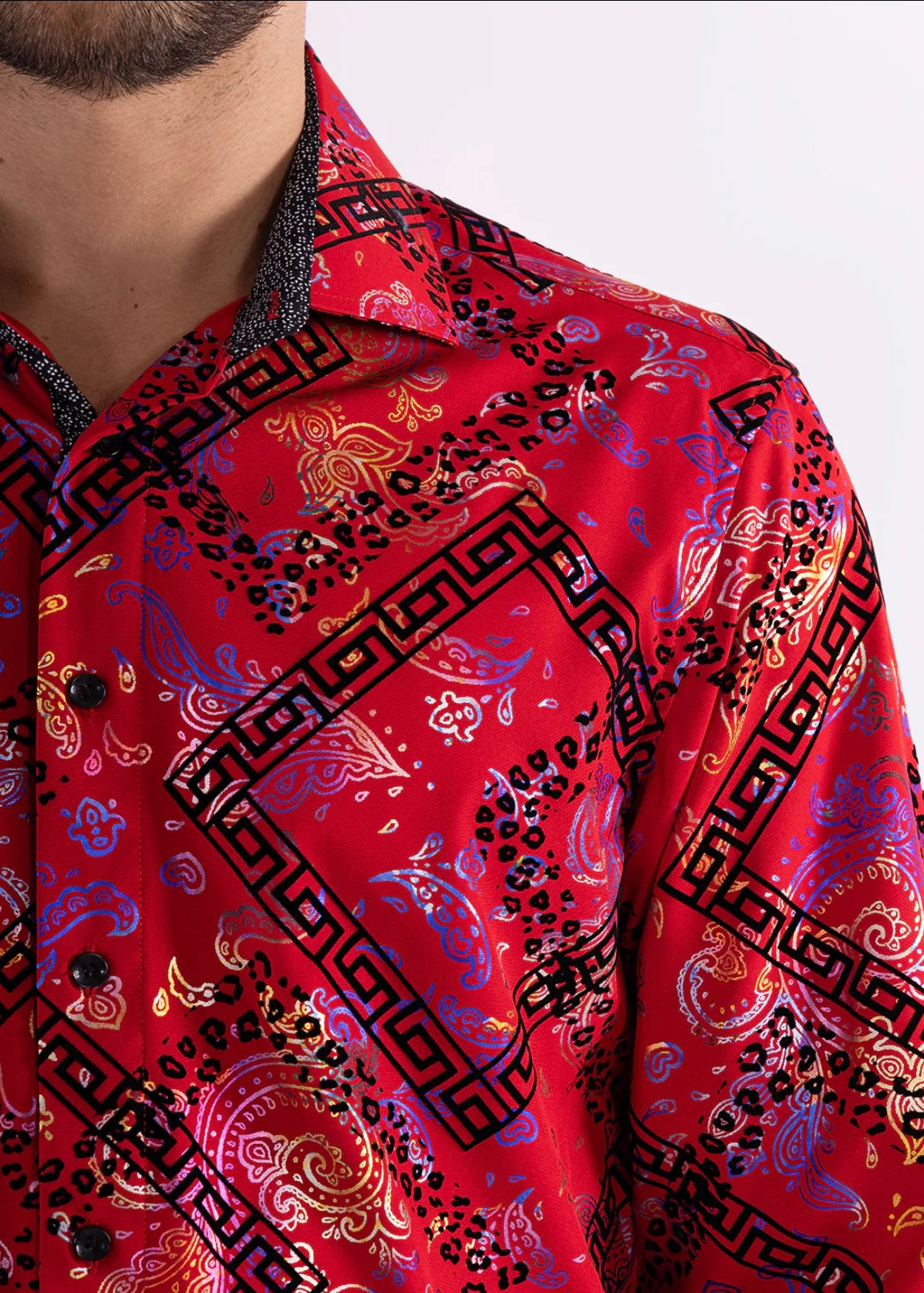 Bespoke Moda long sleeve button up dress dress shirt. Greek key red velvet accent